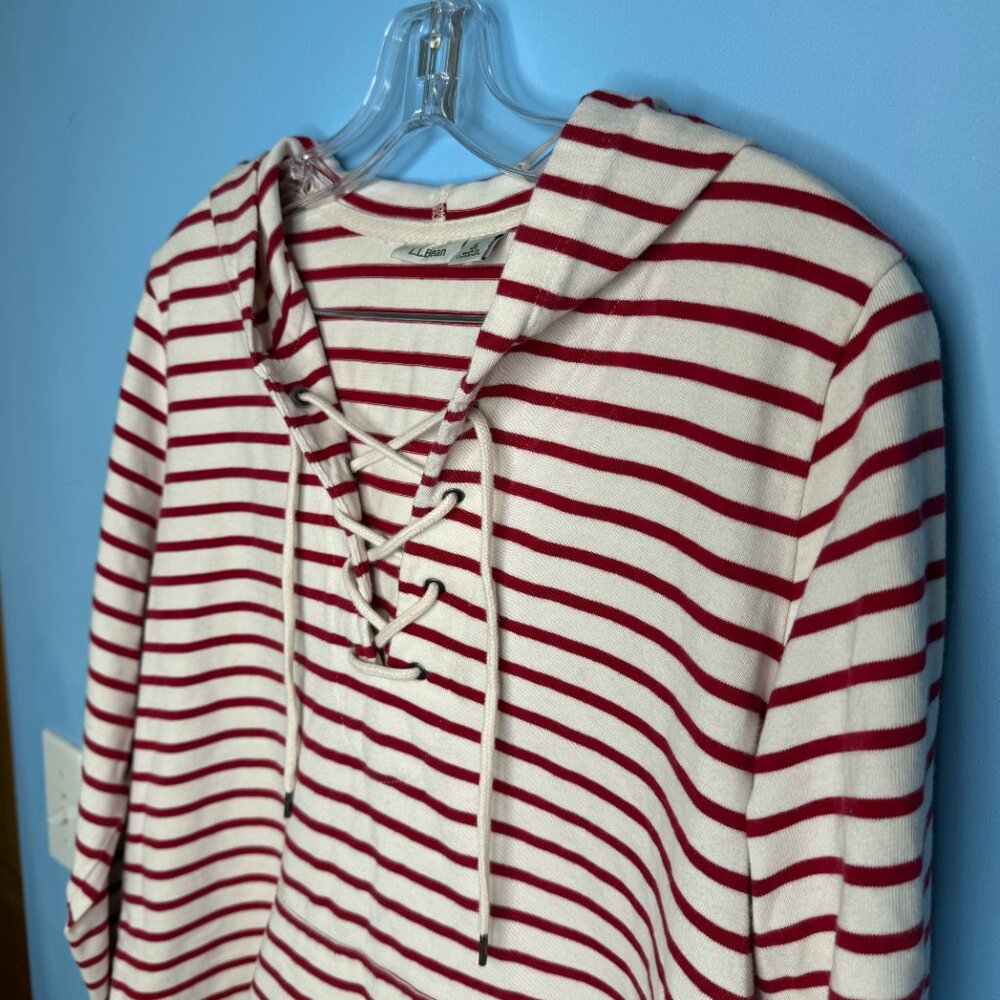 Red and Cream Striped Cotton Pullover Hoodie with Lacing - L - Picture 4 of 9